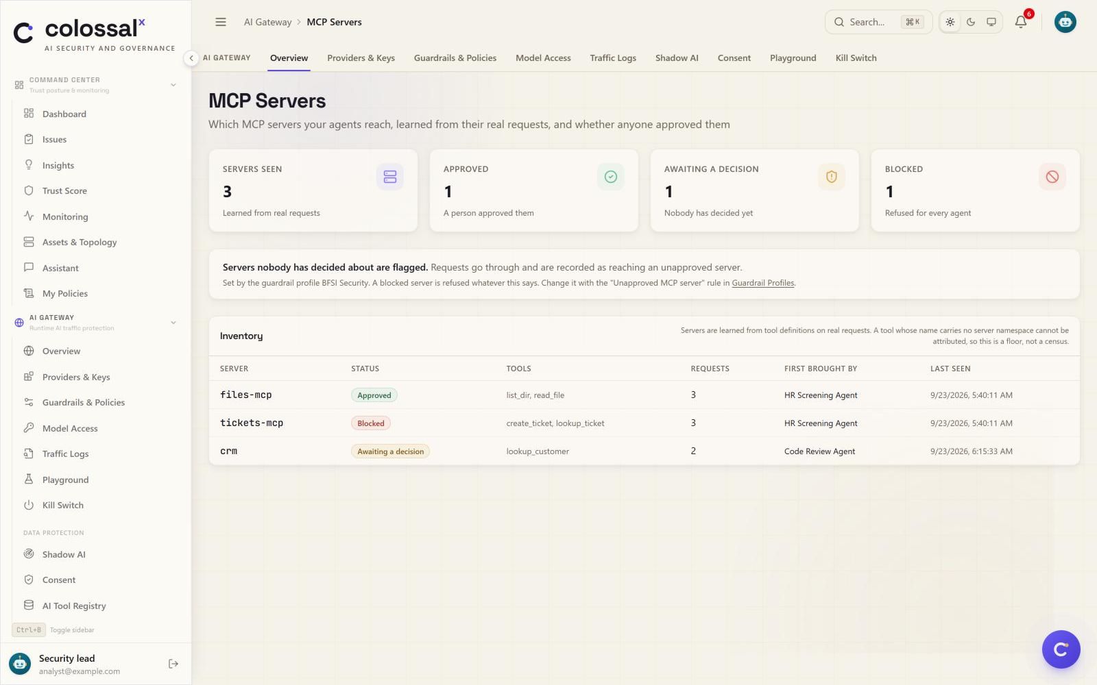 The MCP Servers view in a demo workspace: servers learned from real agent requests, how many are approved, awaiting a decision or blocked, the tools each one offered and the agent that first brought it.