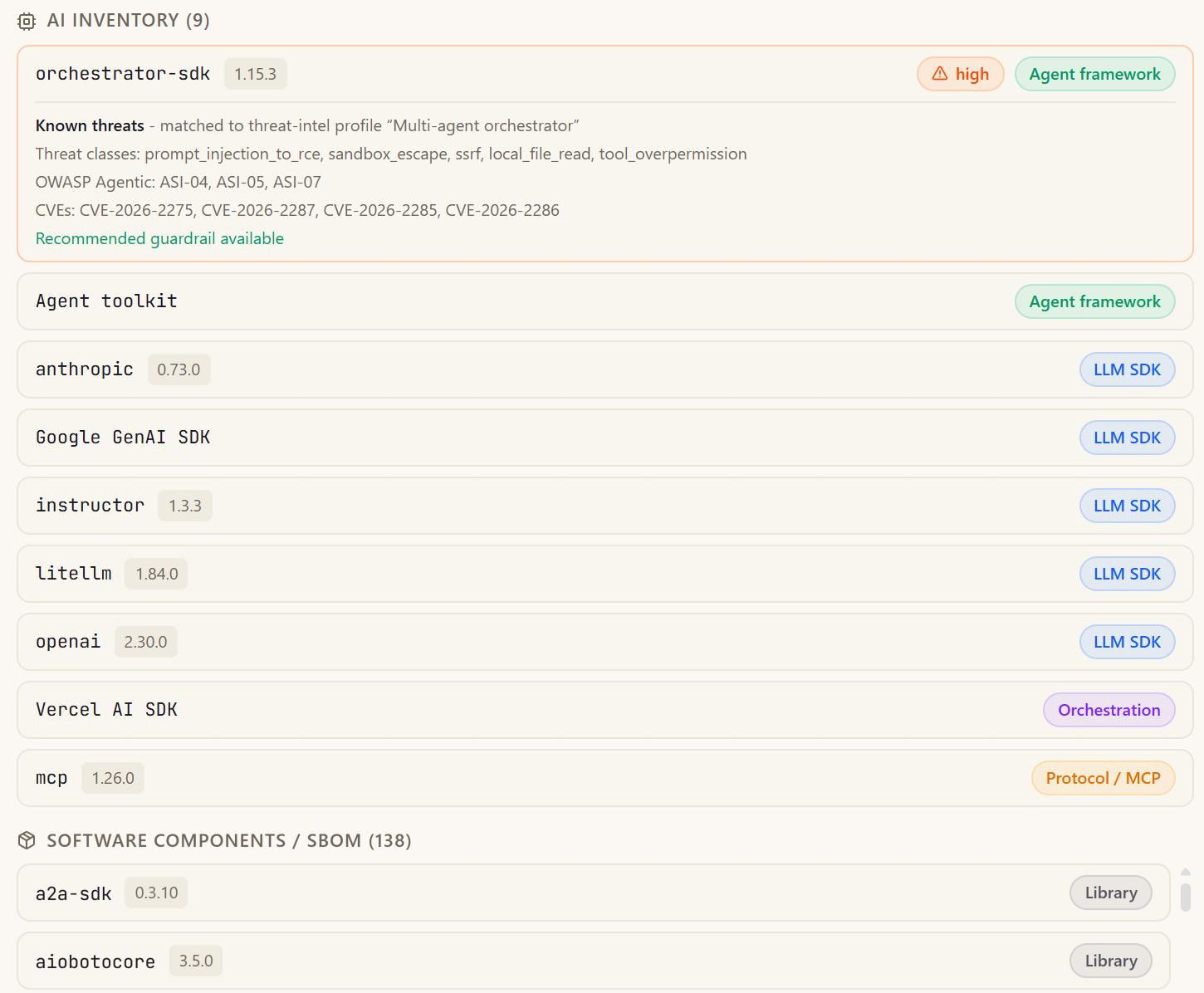 One repository's bill of materials in a demo workspace: the AI inventory, with an agent framework matched to a threat profile and LLM SDKs, orchestration and MCP listed by kind, above the ordinary software libraries.
